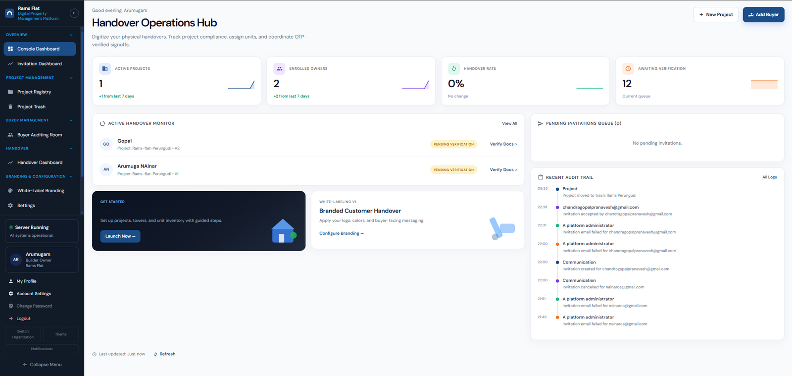 Builder Portal dashboard showing projects, customers, and handover status